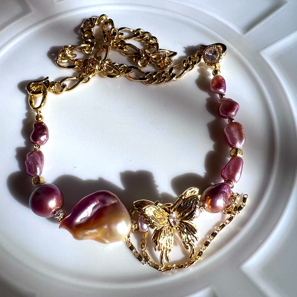 Stunning Handmade One Of A Kind Purple Gold Genuine Baroque Bracelet & Necklace